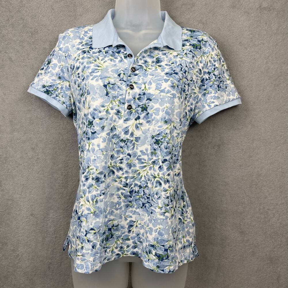Lauren Ralph Lauren Womens Blue Floral Polo Shirt SZ L Preppy Bloomcore Spring